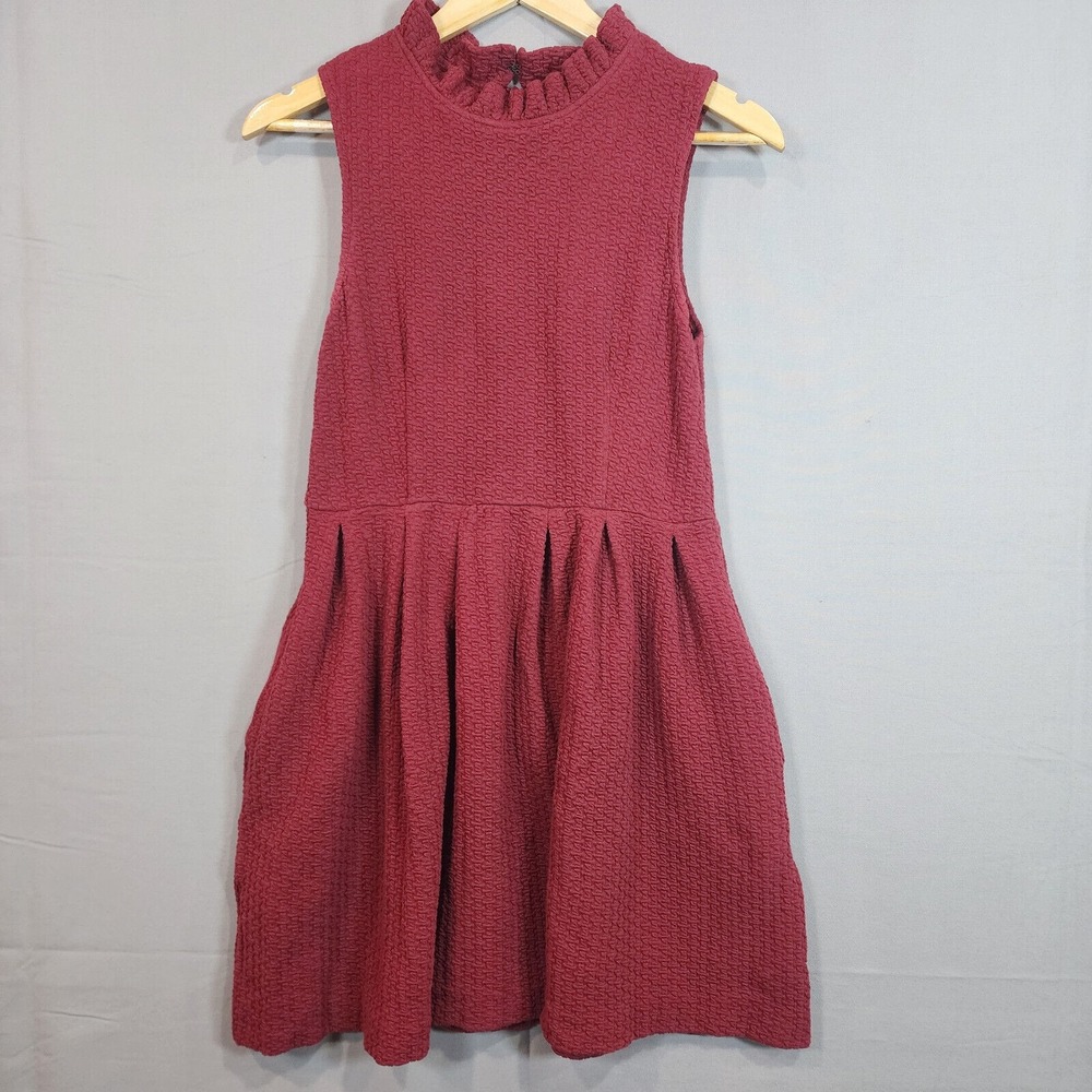 Ganni Sonora Jersey Dress Burgundy Ruffle Neck Pleated Sleeveless‎ Womens Small